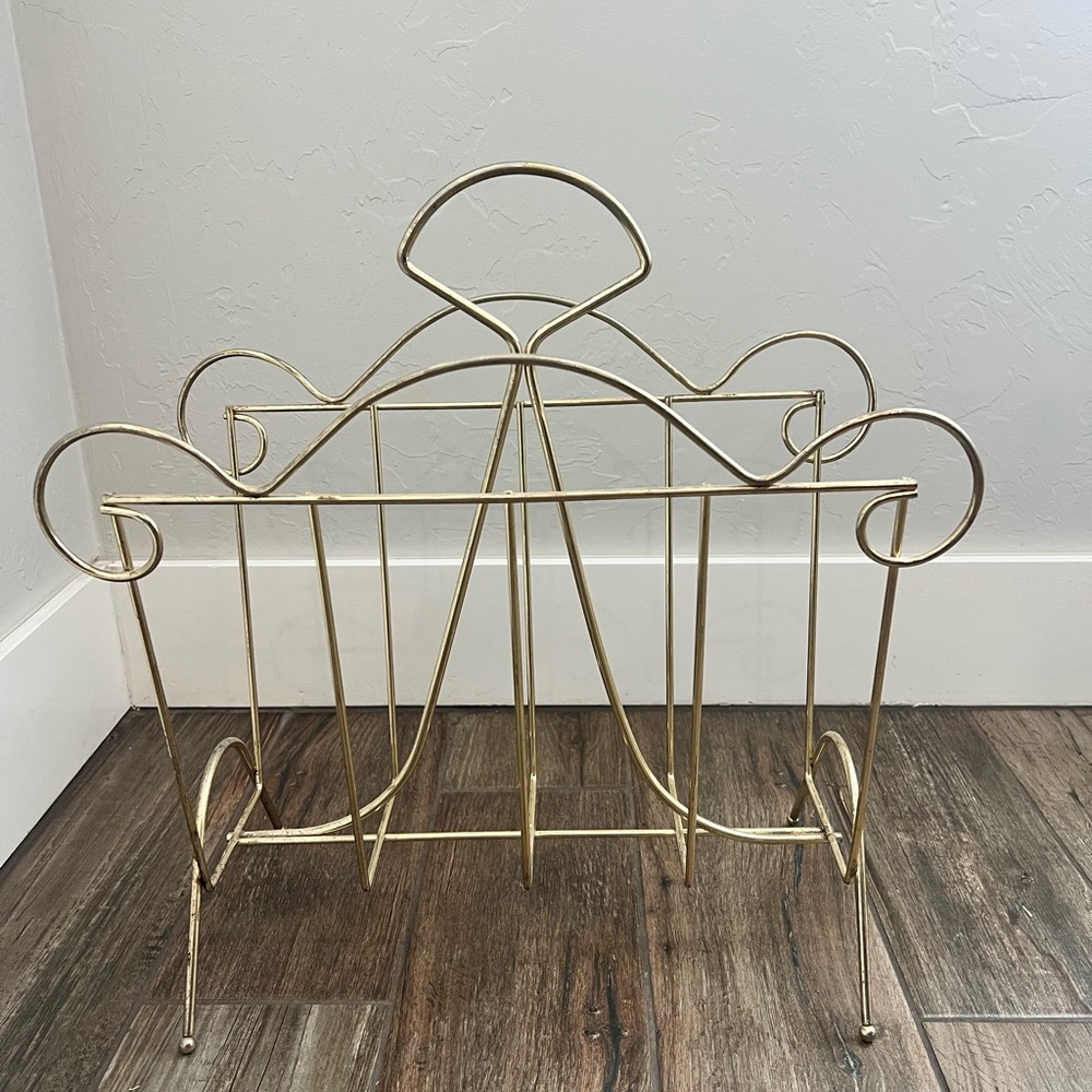 Vintage MCM Wire Magazine Rack/LP Records Holder Gold Metal - Picture 3 of 3